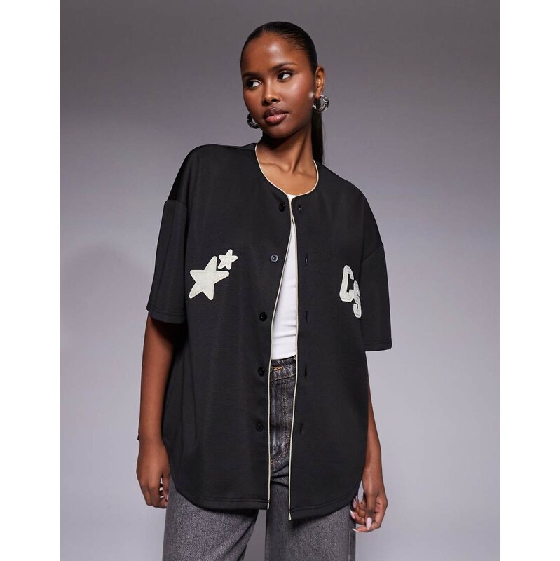 Courtside boxy baseball jersey in black with beige applique 115515685