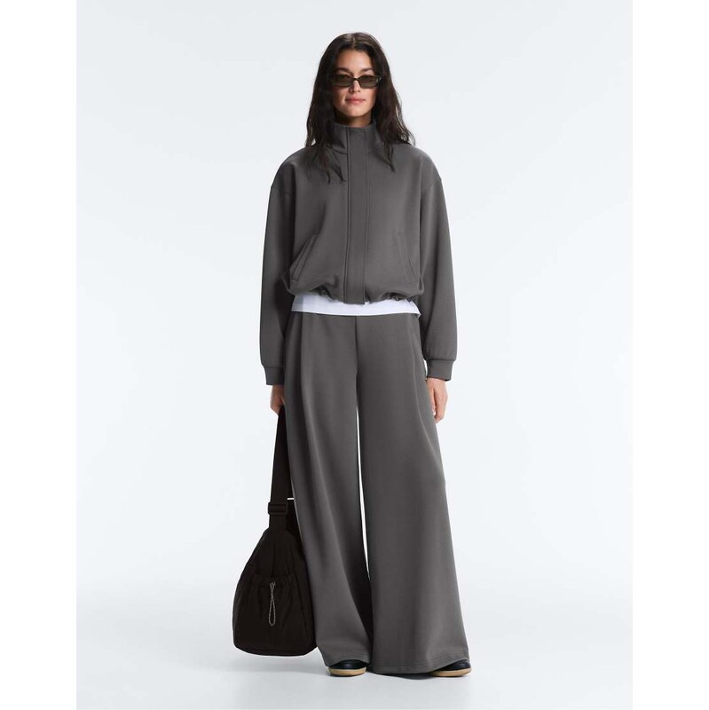 OYSHO Wide-leg high rise piqué trousers in grey 115071162