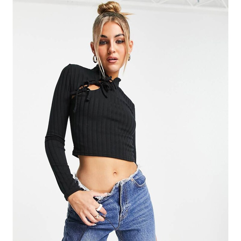 COLLUSION long sleeve tie front top with high neck in black 115070840