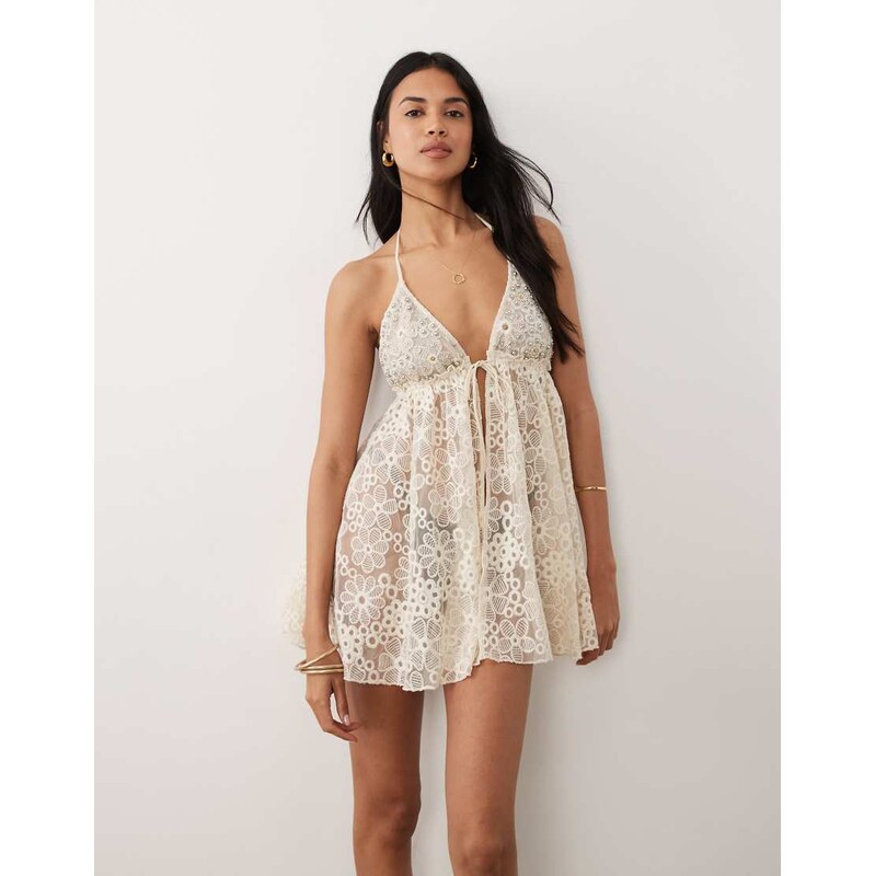 Miss Selfridge beach premium beaded lace tie front mini cover up