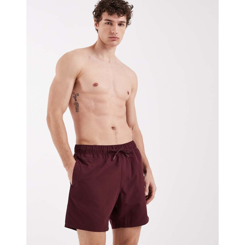 ASOS DESIGN swim shorts in mid length in burgundy-Red