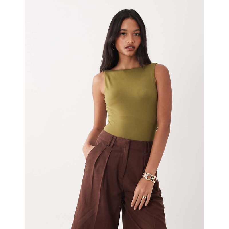Miss Selfridge sculpted low back bodysuit in olive-Green 115517757