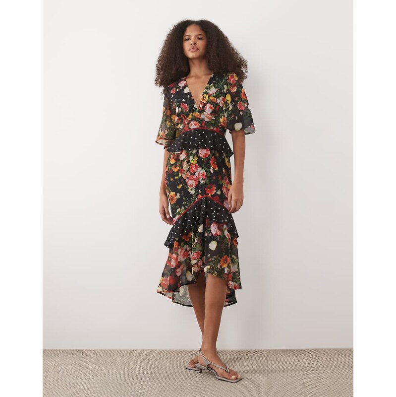 Hope & Ivy midi tea dress with peplum waist in black polka dot