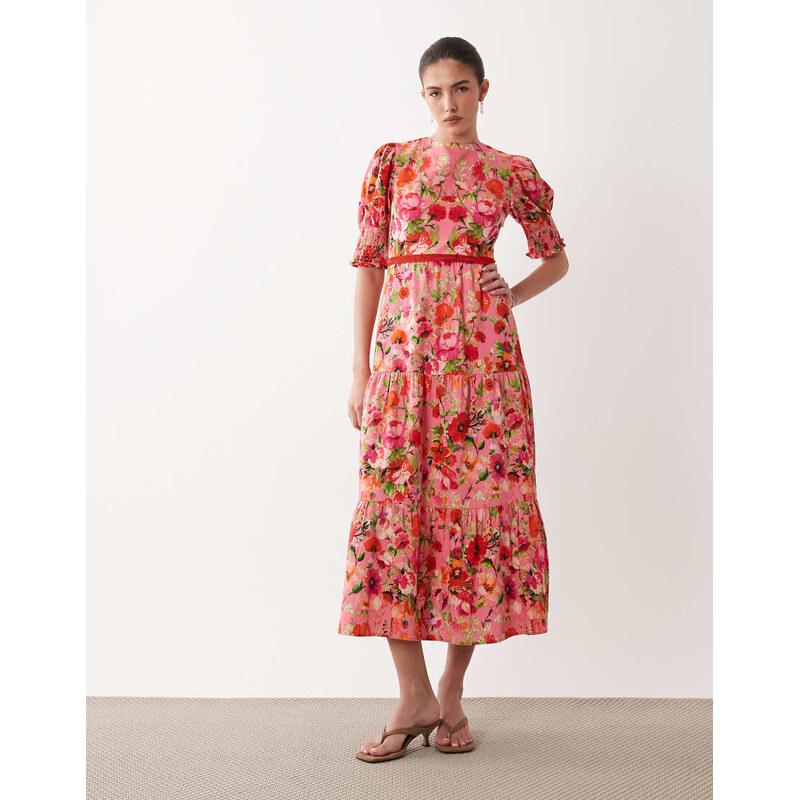 Hope & Ivy bow back midi tea dress in pink floral