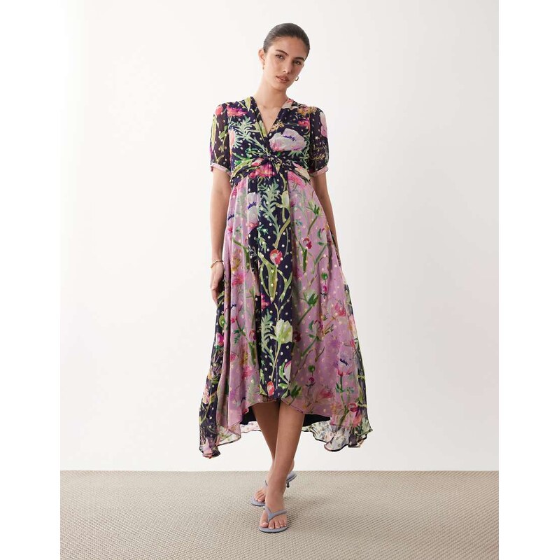 Hope & Ivy wrap bust midi tea dress in mixed floral print-Navy