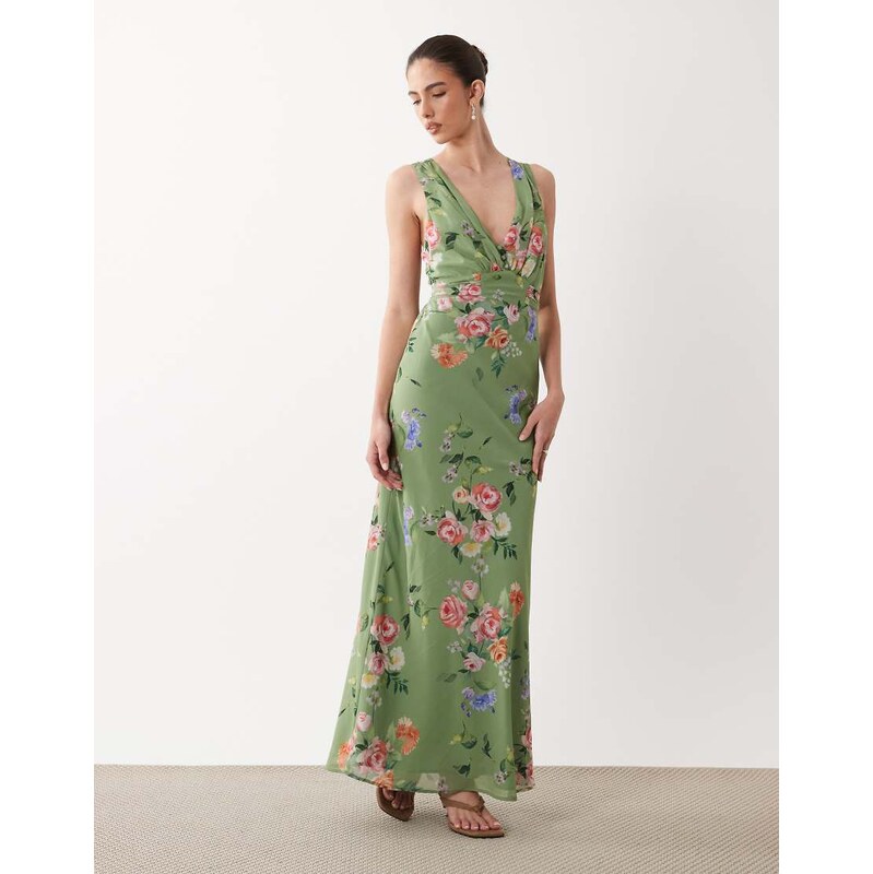 Hope & Ivy v neck button front maxi dress with tie waist in