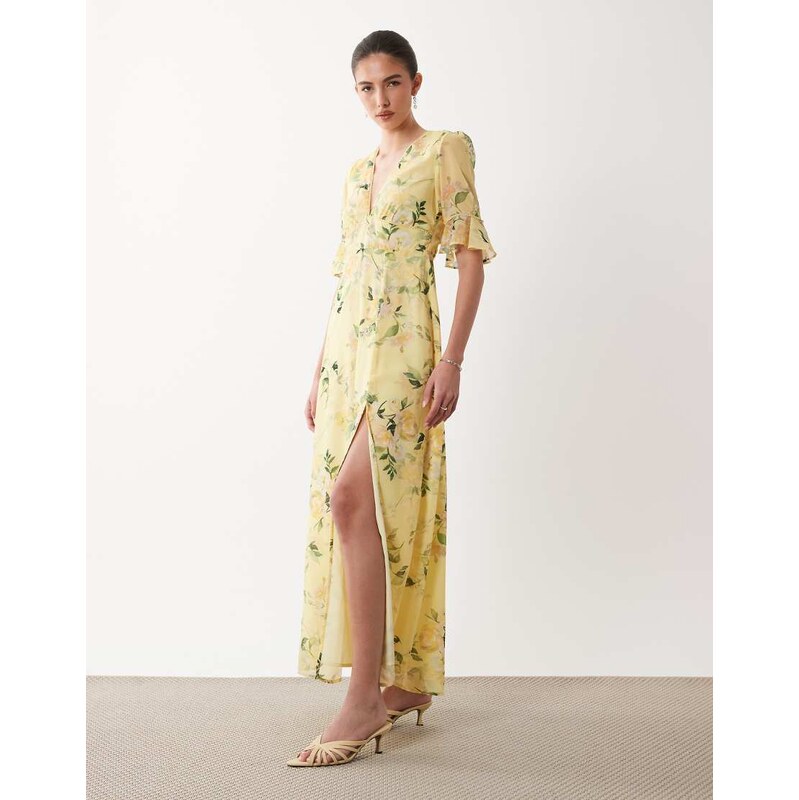 Hope & Ivy frill sleeve thigh split open back maxi dress in