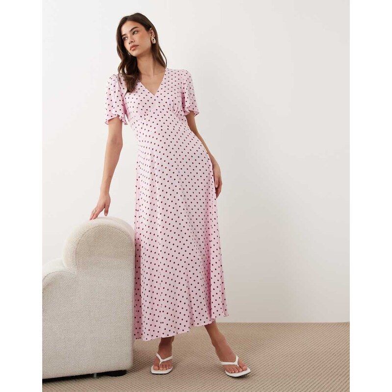 Nobodys Child Atlas v-neck short flutter sleeves midi dress in pink 115071015
