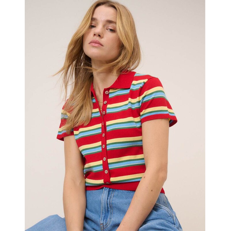 Nobodys Child waisted polo knit top in red stripe