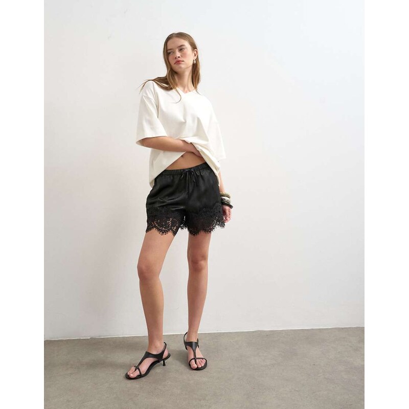 Topshop satin feel lace insert short in black