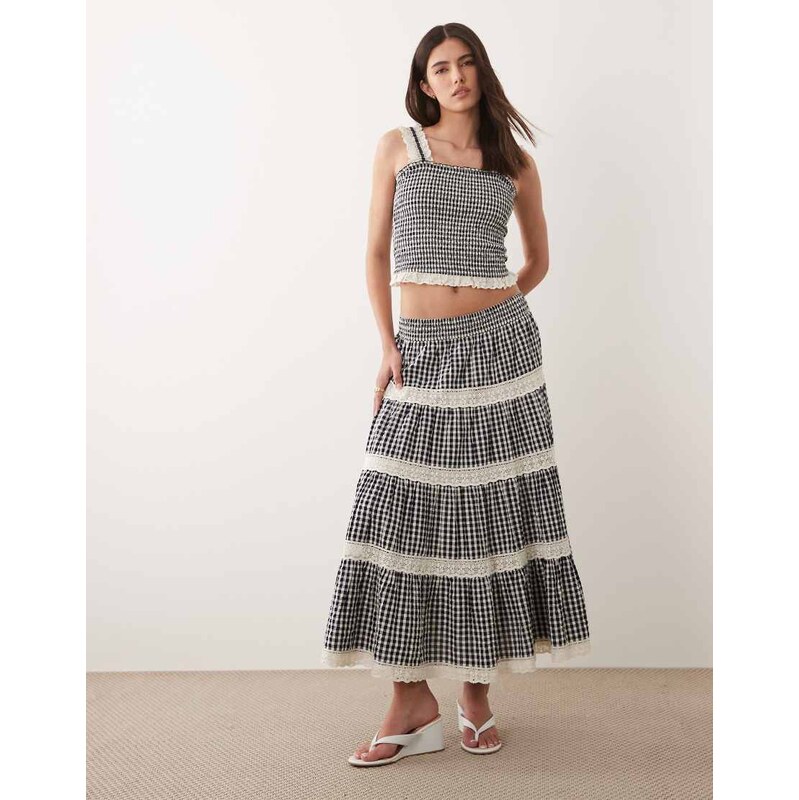 Nobodys Child Leonor cotton lace trim tiered maxi skirt co-ord