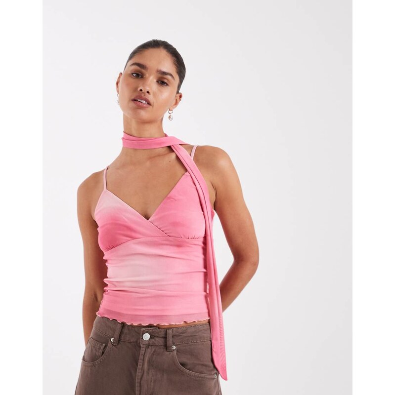 JJXX mesh cami floral top with scarf in pink