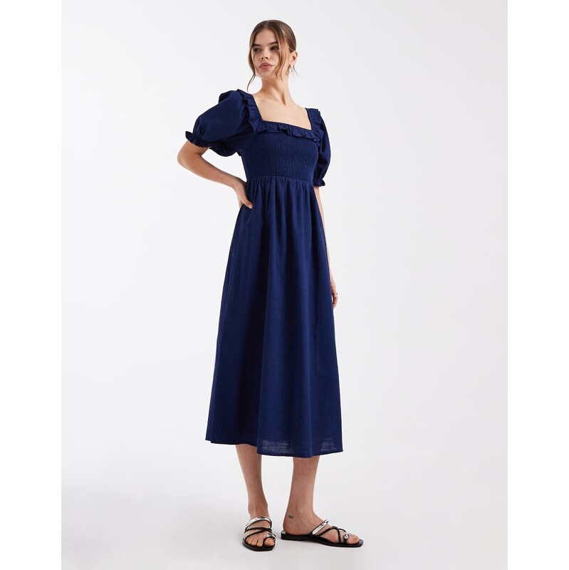 New Look shirred frill trim midi dress in navy