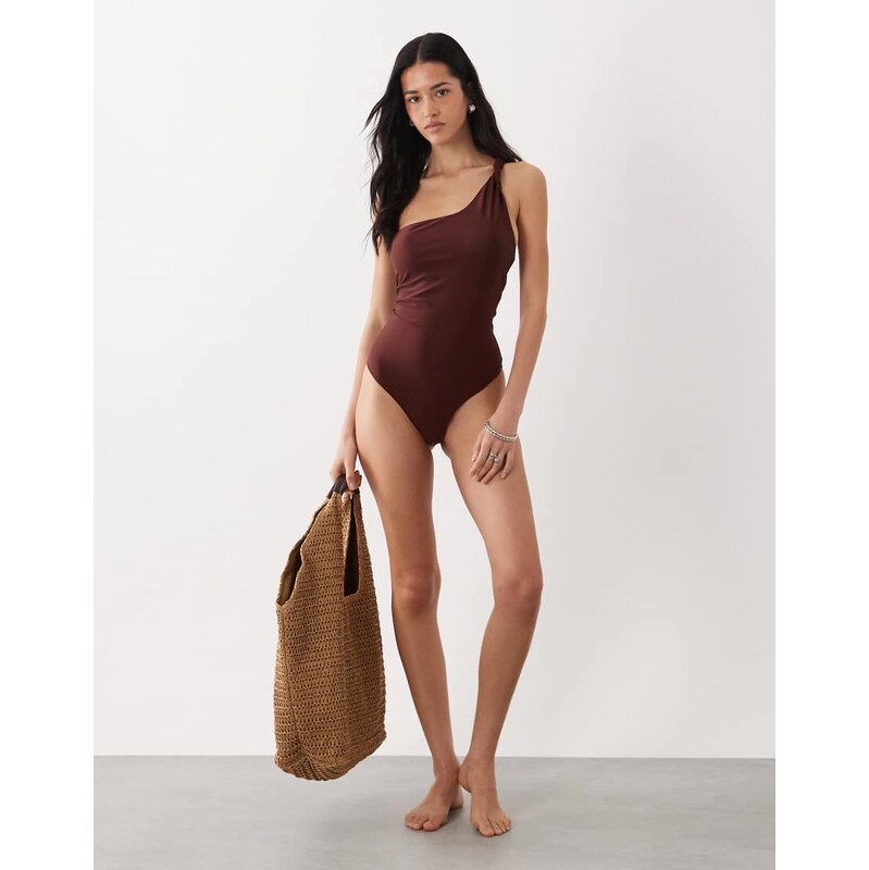 Mango twist detail one shoulder swimsuite in burgundy-Red