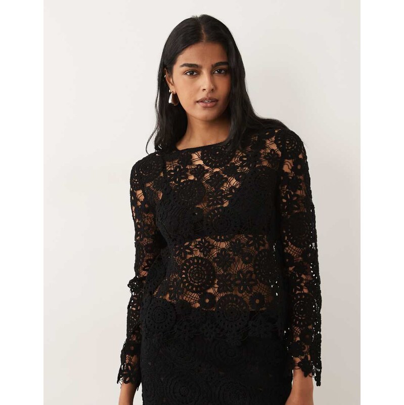 Mango Isabel cotton rich floral crochet top co-ord in black