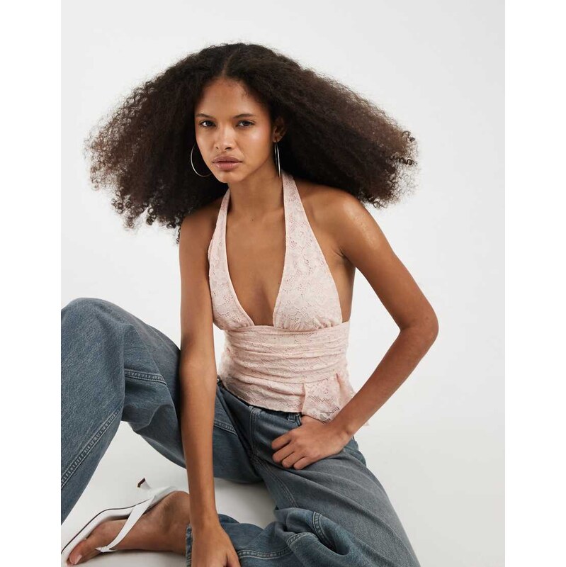 Motel Prilla lace halter top in soft pink