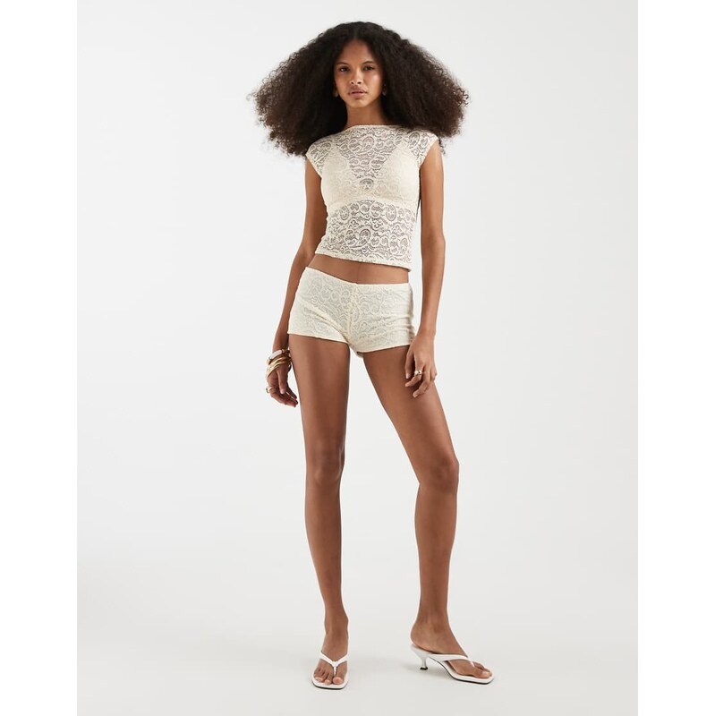 Motel co-ord Shama foldover lace hot pants in ivory-Purple