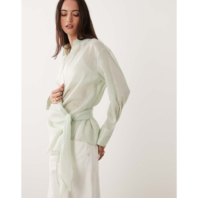 Mango 100% ramie shirt with tie waist in pale green