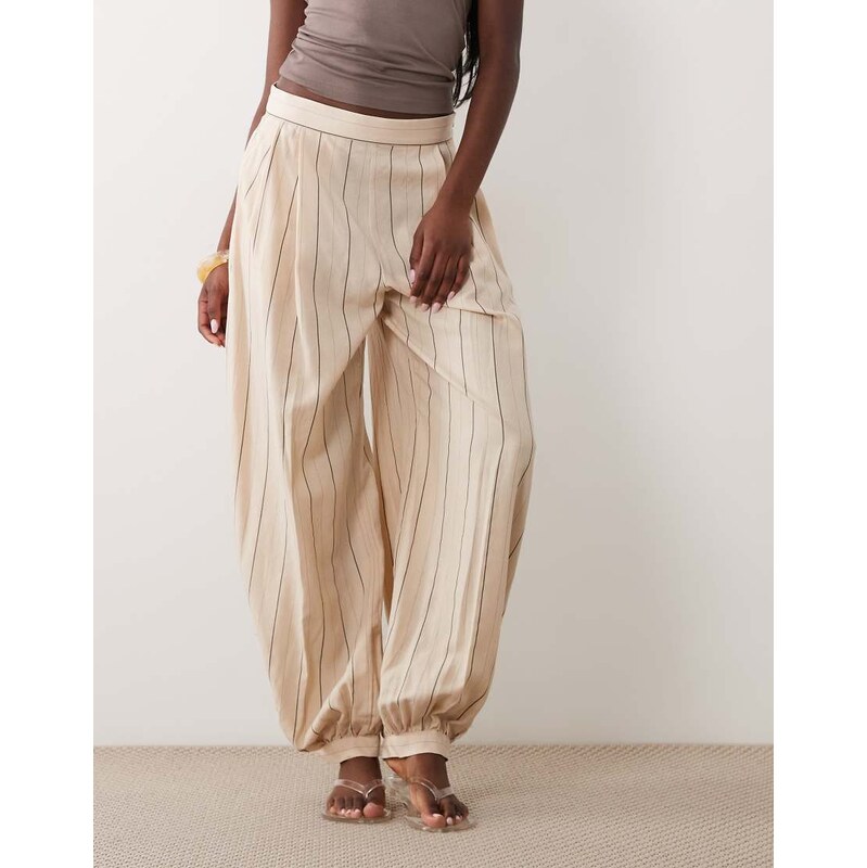 Mango linen mix cuffed trouser in beige stripe-Neutral