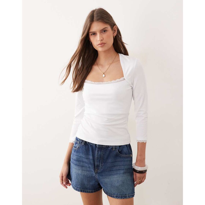 ASOS DESIGN 3/4 sleeve square neck top with lace hem in white