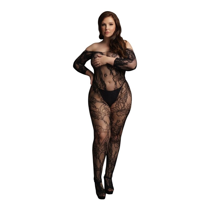 Le Désir Lace Sleeved Bodystocking Plus Size, černé průsvitné erotické 114936890
