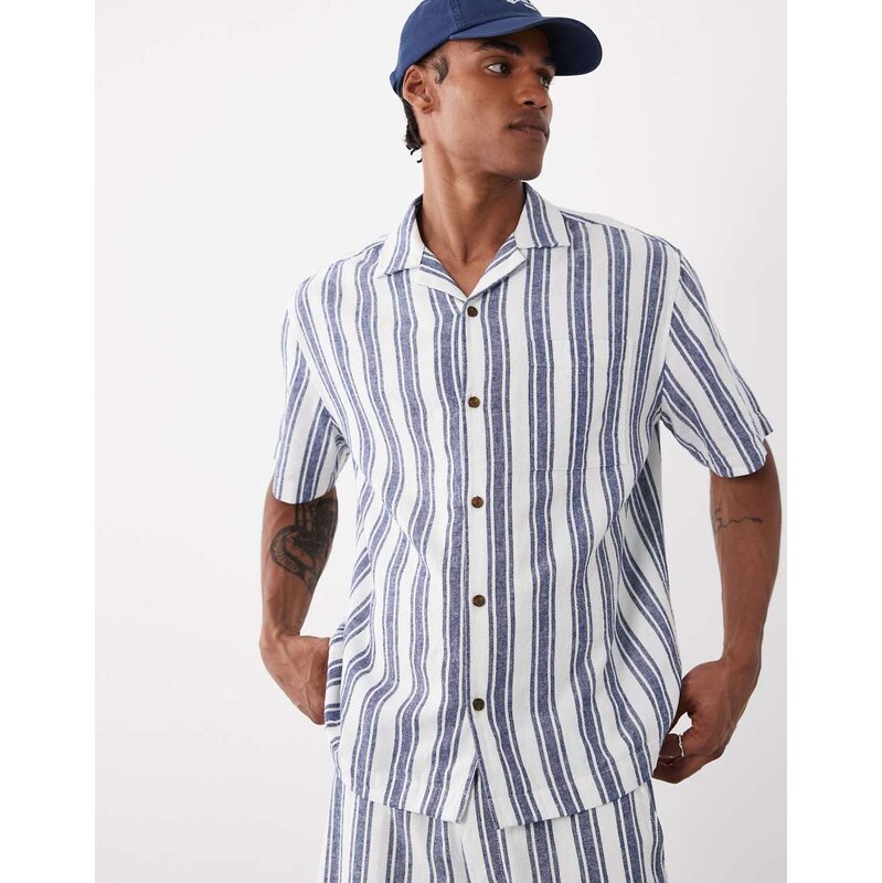 ASOS DESIGN co-ord relaxed linen blend stripe shirt in navy and