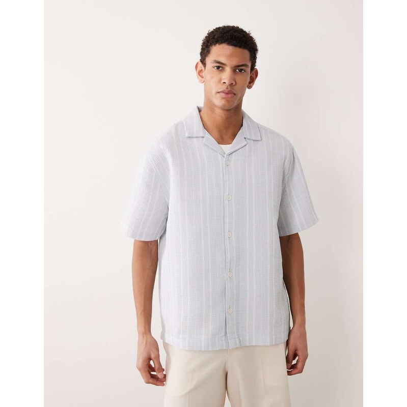 ASOS DESIGN relaxed revere waffle textured stripe shirt in light