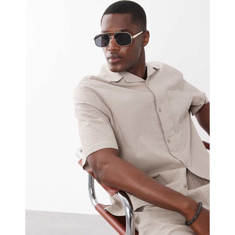 ASOS DESIGN co-ord relaxed revere seersucker shirt in beige