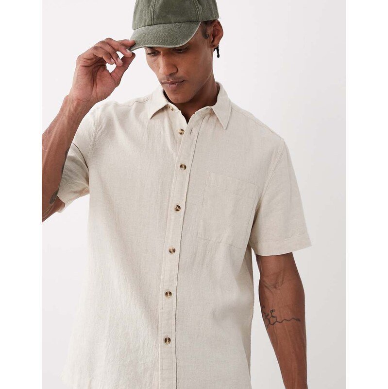 ASOS DESIGN co-ord regular fit linen blend shirt in beige-Neutral