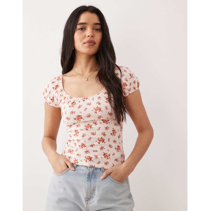 Miss Selfridge milkmaid top in pink ditsy print-Multi