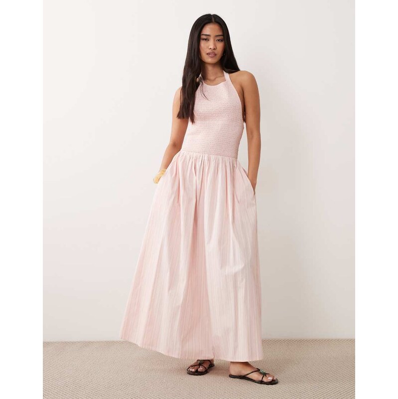 Miss Selfridge shirred halter poplin maxi dress in pink stripe