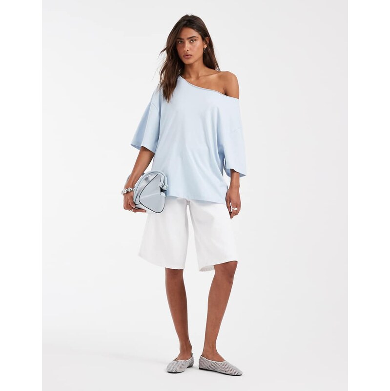 ASOS DESIGN slouchy off shoulder oversized tee in baby blue