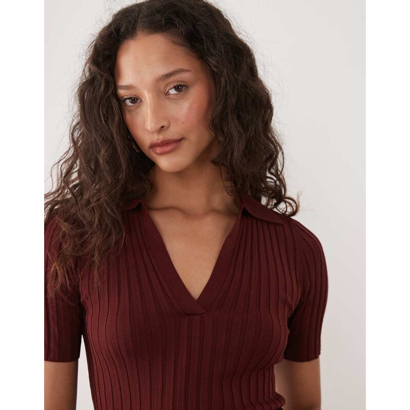 Mango knitted short sleeve v-neck polo in rust-Red 115072317