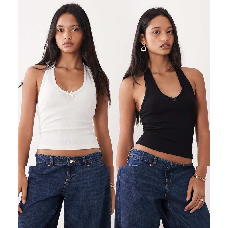 Miss Selfridge 2 pack halterneck top with picot trim detail-Multi 115522327