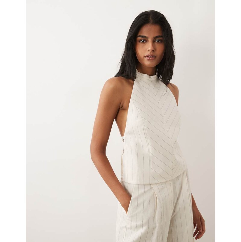 Mango Argelia halterneck top co-ord in cream stripe-Neutral 115087738