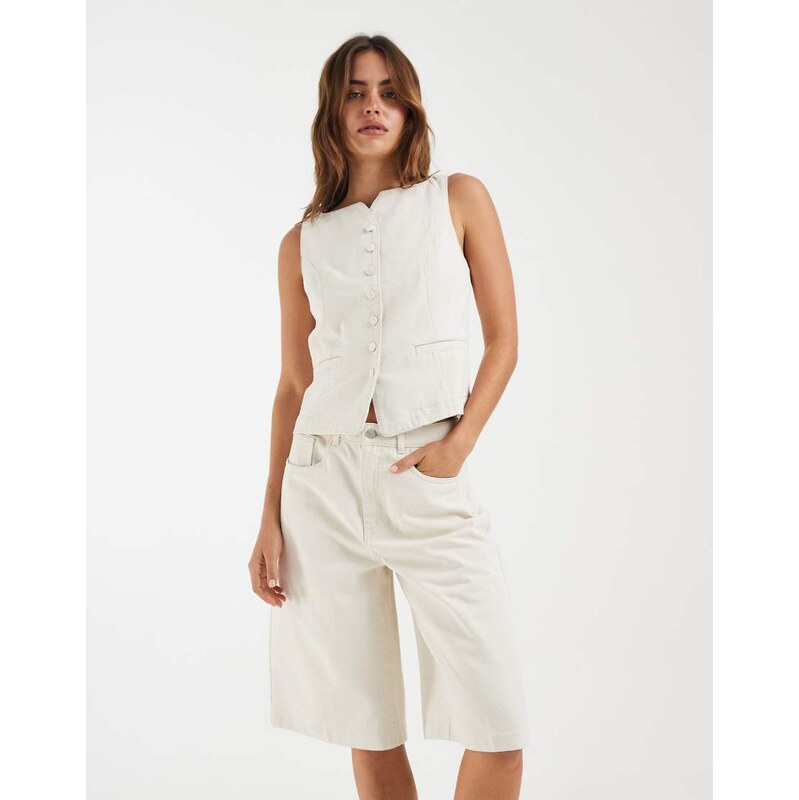 AWARE high waist long line denim shorts in ecru-White 115079479