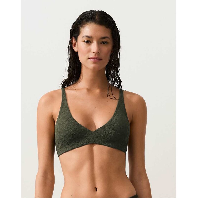OYSHO Leopard print textured halter bikini top in dark khaki