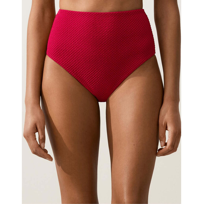 OYSHO Waffle textured high-waisted bikini briefs in bright red 115079827