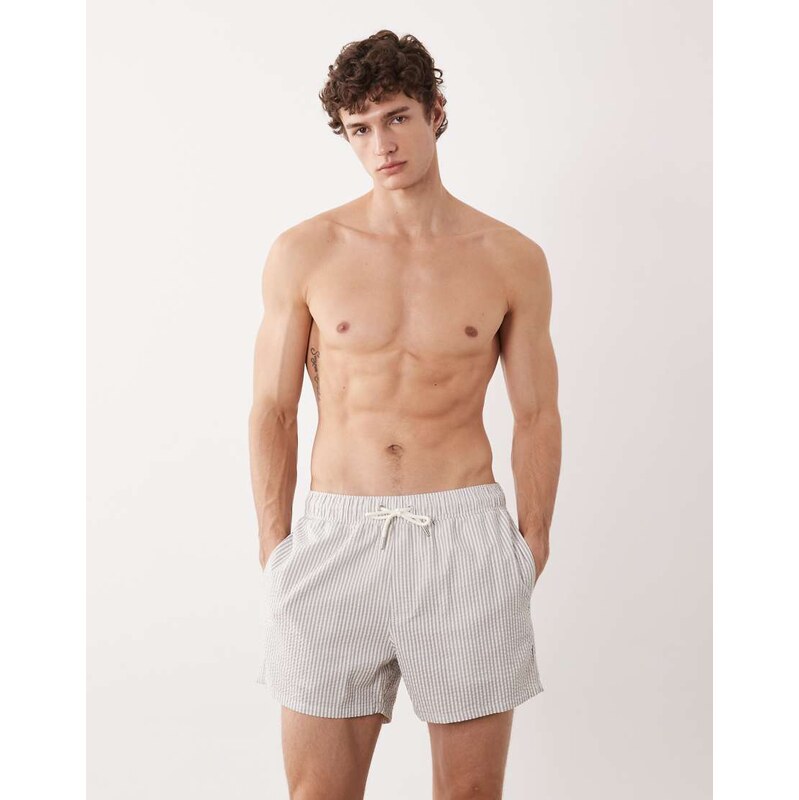 ASOS DESIGN seersucker swim shorts in short length in grey