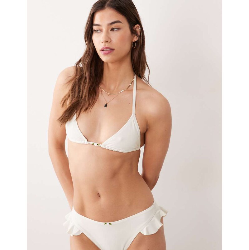 Miss Selfridge triangle bikini top with rose in cream-White