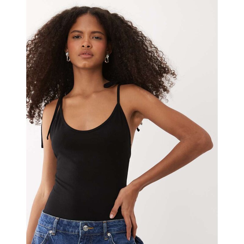 Miss Selfridge scoop back bodysuit with tie straps in black 115516995