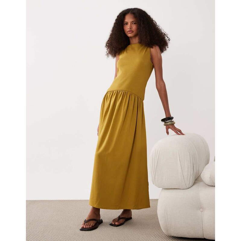 ASOS DESIGN rib mix midi dress with drop waist in olive-Green