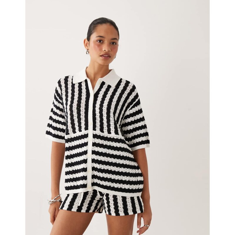 ASOS DESIGN slub stripe shirt co-ord in mono-Black