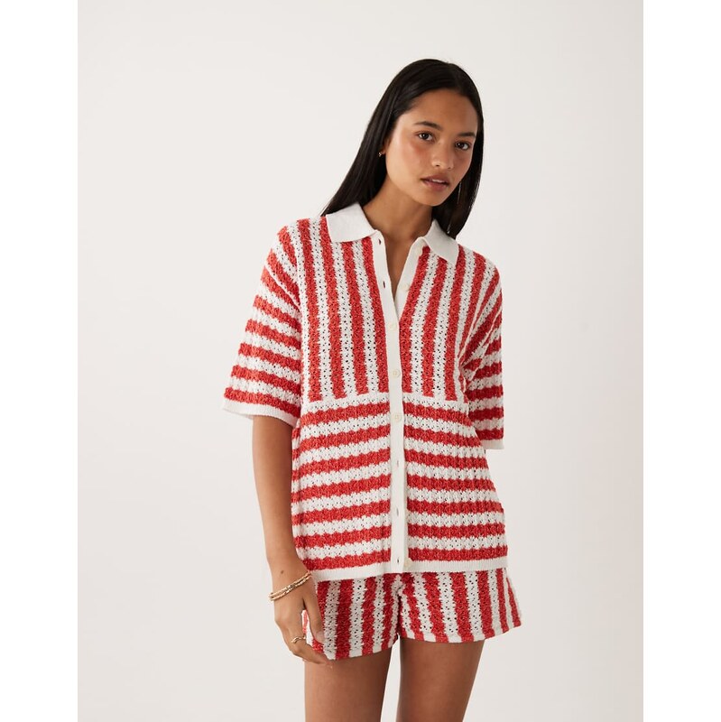 ASOS DESIGN slub stripe shirt co-ord in red 115518554