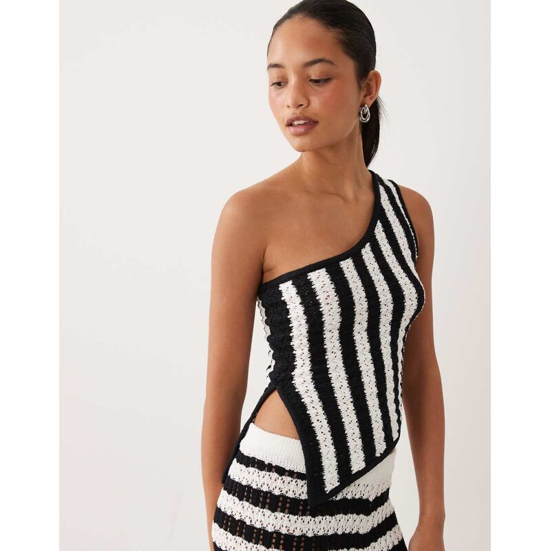ASOS DESIGN slub stripe one shoulder top co-ord in mono-Black