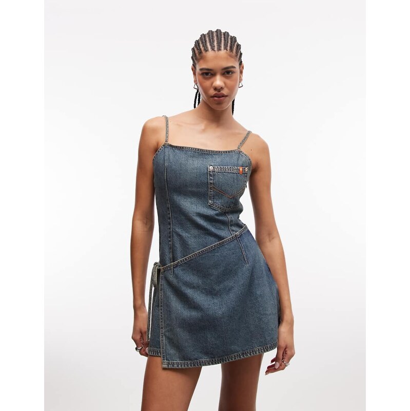 COLLUSION denim wrap dress in mid wash-Blue