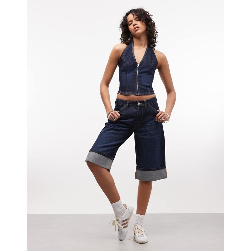 COLLUSION denim capri with turn up in rinsewash co-ord-Navy