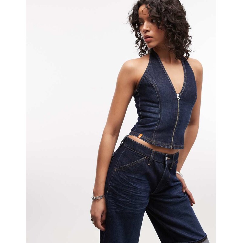 COLLUSION denim halterneck top in rinsewash co-ord-Navy 115081926
