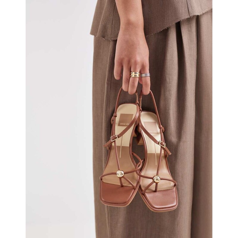 Dolce Vita Mylee strappy mid heel sandals with gold hardware in tan 115079167