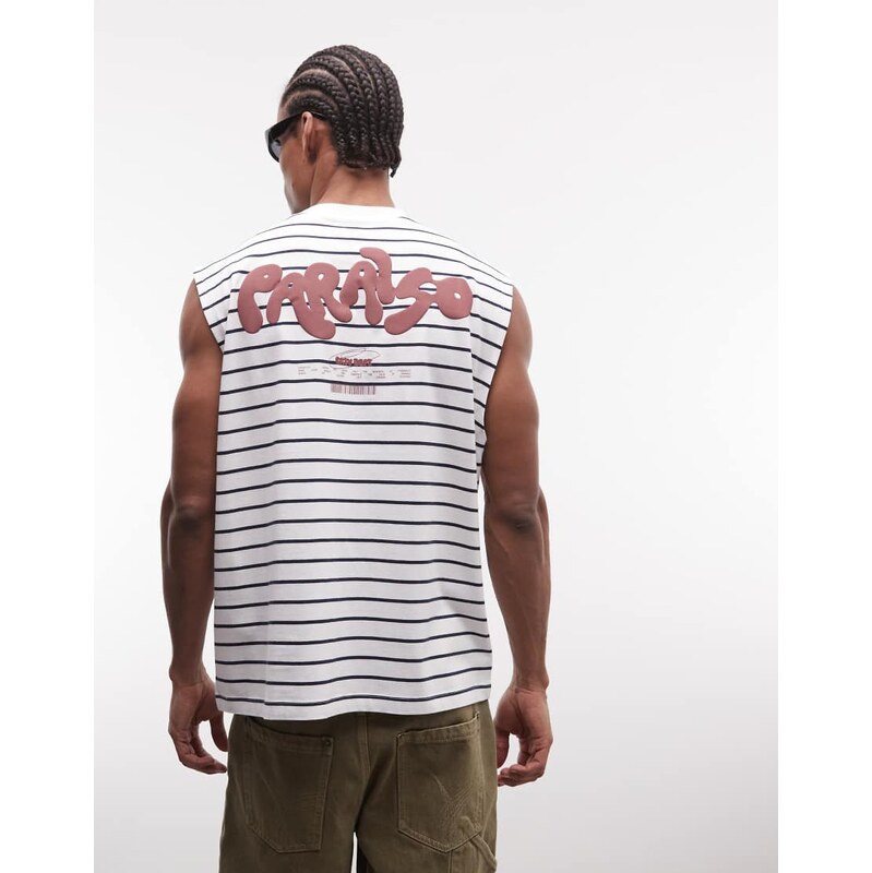 ASOS DESIGN oversized tank with text puff print in white stripe